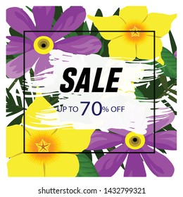 Floral background in a frame with 70% discount. Sale banner template design. Big sale special offer. Special offer banner for poster, flyer, brochure, sticker. Flowers Vector illustration.