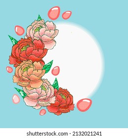 Floral background frame in the form of a wreath of bright pins, copy space, vector, hand drawing