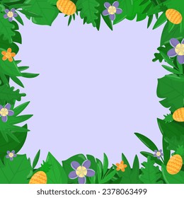 Floral background with a frame of leaves and fruits. Horizontal banner with modern botanical border made of simple summer leaves and tropical fruits. Flat vector