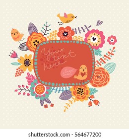 Floral background, frame for text. Flowers and birds.