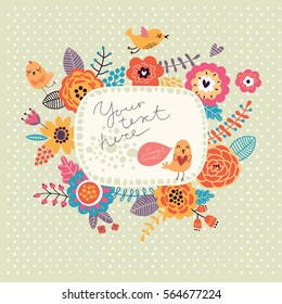 Floral background, frame for text. Flowers and birds.