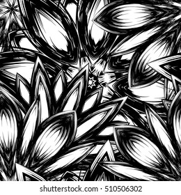 Floral background. Full seamless flower ornament for printing, textile, art design. Decorative vector backdrop. Monochrome, binary, black and white.