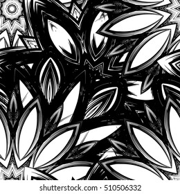 Floral background. Full seamless flower ornament for printing, textile, art design. Decorative vector backdrop. Monochrome, binary, black and white.
