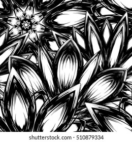 Floral background. Full seamless flower ornament for printing, textile, art design. Decorative vector backdrop. Monochrome, binary, black and white.