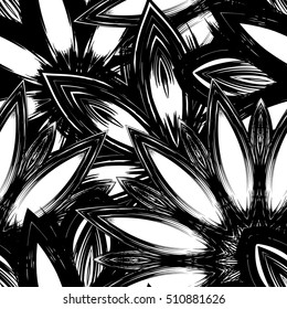 Floral background. Full seamless flower ornament for printing, textile, art design. Decorative vector backdrop. Monochrome, binary, black and white.