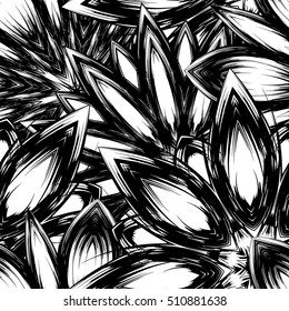 Floral background. Full seamless flower ornament for printing, textile, art design. Decorative vector backdrop. Monochrome, binary, black and white.