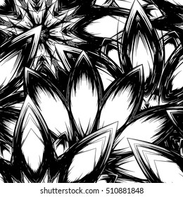 Floral background. Full seamless flower ornament for printing, textile, art design. Decorative vector backdrop. Monochrome, binary, black and white.