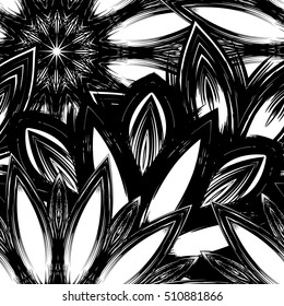 Floral background. Full seamless flower ornament for printing, textile, art design. Decorative vector backdrop. Monochrome, binary, black and white.