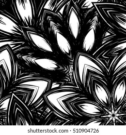Floral background. Full seamless flower ornament for printing, textile, art design. Decorative vector backdrop. Monochrome, binary, black and white.