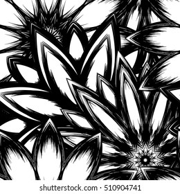 Floral background. Full seamless flower ornament for printing, textile, art design. Decorative vector backdrop. Monochrome, binary, black and white.