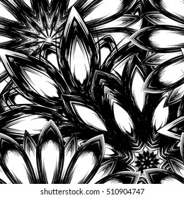 Floral background. Full seamless flower ornament for printing, textile, art design. Decorative vector backdrop. Monochrome, binary, black and white.