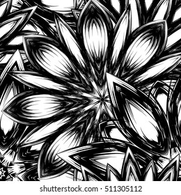 Floral background. Full seamless flower ornament for printing, textile, art design. Decorative vector backdrop. Monochrome, binary, black and white.