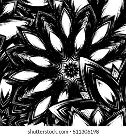 Floral background. Full seamless flower ornament for printing, textile, art design. Decorative vector backdrop. Monochrome, binary, black and white.