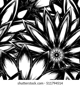 Floral background. Full seamless flower ornament for printing, textile, art design. Decorative vector backdrop. Monochrome, binary, black and white.