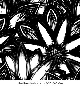 Floral background. Full seamless flower ornament for printing, textile, art design. Decorative vector backdrop. Monochrome, binary, black and white.