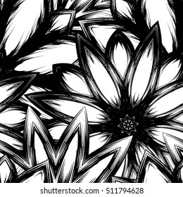 Floral background. Full seamless flower ornament for printing, textile, art design. Decorative vector backdrop. Monochrome, binary, black and white.