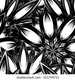 Floral background. Full seamless flower ornament for printing, textile, art design. Decorative vector backdrop. Monochrome, binary, black and white.