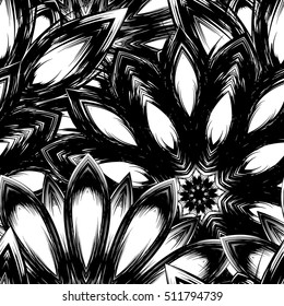 Floral background. Full seamless flower ornament for printing, textile, art design. Decorative vector backdrop. Monochrome, binary, black and white.