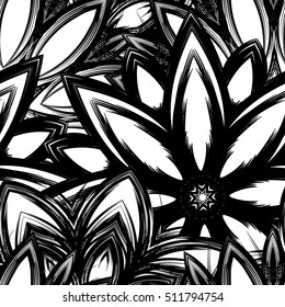 Floral background. Full seamless flower ornament for printing, textile, art design. Decorative vector backdrop. Monochrome, binary, black and white.