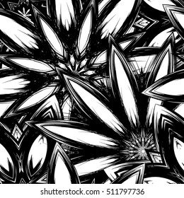 Floral background. Full seamless flower ornament for printing, textile, art design. Decorative vector backdrop. Monochrome, binary, black and white.