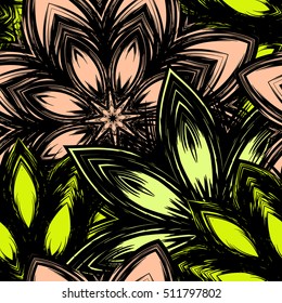 Floral background. Full seamless flower ornament for printing, textile, art design. Decorative vector backdrop. Color.