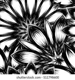 Floral background. Full seamless flower ornament for printing, textile, art design. Decorative vector backdrop. Monochrome, binary, black and white.
