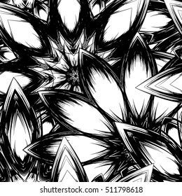 Floral background. Full seamless flower ornament for printing, textile, art design. Decorative vector backdrop. Monochrome, binary, black and white.