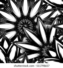 Floral background. Full seamless flower ornament for printing, textile, art design. Decorative vector backdrop. Monochrome, binary, black and white.