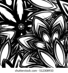 Floral background. Full seamless flower ornament for printing, textile, art design. Decorative vector backdrop. Monochrome, binary, black and white.