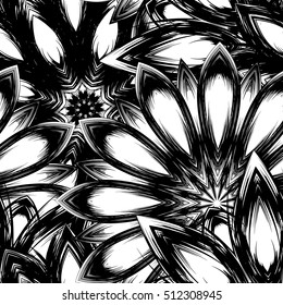 Floral background. Full seamless flower ornament for printing, textile, art design. Decorative vector backdrop. Monochrome, binary, black and white.