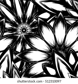 Floral background. Full seamless flower ornament for printing, textile, art design. Decorative vector backdrop. Monochrome, binary, black and white.