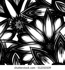 Floral background. Full seamless flower ornament for printing, textile, art design. Decorative vector backdrop. Monochrome, binary, black and white.