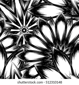 Floral background. Full seamless flower ornament for printing, textile, art design. Decorative vector backdrop. Monochrome, binary, black and white.