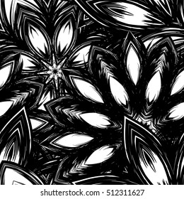 Floral background. Full seamless flower ornament for printing, textile, art design. Decorative vector backdrop. Monochrome, binary, black and white.