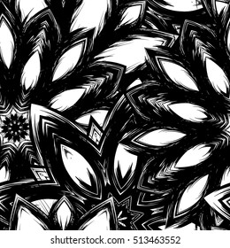 Floral background. Full seamless flower ornament for printing, textile, art design. Decorative vector backdrop. Monochrome, binary, black and white.