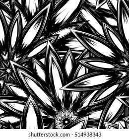 Floral background. Full seamless flower ornament for printing, textile, art design. Decorative vector backdrop. Monochrome, binary, black and white.