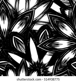 Floral background. Full seamless flower ornament for printing, textile, art design. Decorative vector backdrop. Monochrome, binary, black and white.