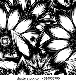 Floral background. Full seamless flower ornament for printing, textile, art design. Decorative vector backdrop. Monochrome, binary, black and white.