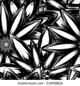 Floral background. Full seamless flower ornament for printing, textile, art design. Decorative vector backdrop. Monochrome, binary, black and white.