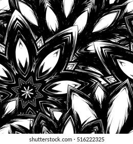 Floral background. Full seamless flower ornament for printing, textile, art design. Decorative vector backdrop. Monochrome, binary, black and white.