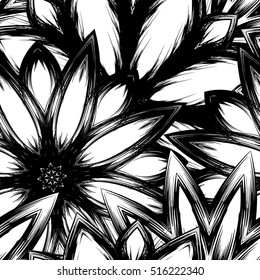 Floral background. Full seamless flower ornament for printing, textile, art design. Decorative vector backdrop. Monochrome, binary, black and white.