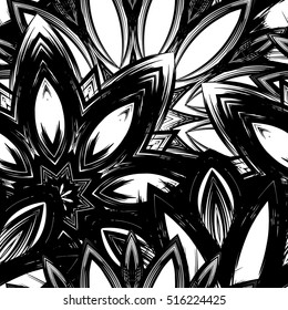 Floral background. Full seamless flower ornament for printing, textile, art design. Decorative vector backdrop. Monochrome, binary, black and white.