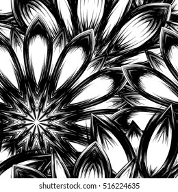 Floral background. Full seamless flower ornament for printing, textile, art design. Decorative vector backdrop. Monochrome, binary, black and white.