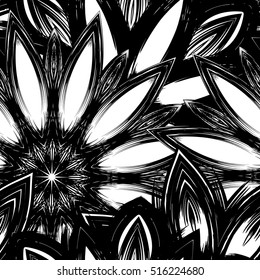 Floral background. Full seamless flower ornament for printing, textile, art design. Decorative vector backdrop. Monochrome, binary, black and white.
