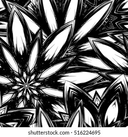 Floral background. Full seamless flower ornament for printing, textile, art design. Decorative vector backdrop. Monochrome, binary, black and white.