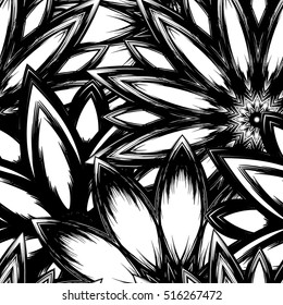 Floral background. Full seamless flower ornament for printing, textile, art design. Decorative vector backdrop. Monochrome, binary, black and white.