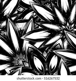 Floral background. Full seamless flower ornament for printing, textile, art design. Decorative vector backdrop. Monochrome, binary, black and white.
