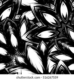 Floral background. Full seamless flower ornament for printing, textile, art design. Decorative vector backdrop. Monochrome, binary, black and white.