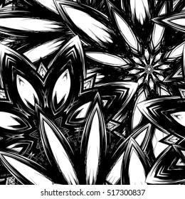 Floral background. Full seamless flower ornament for printing, textile, art design. Decorative vector backdrop. Monochrome, binary, black and white.