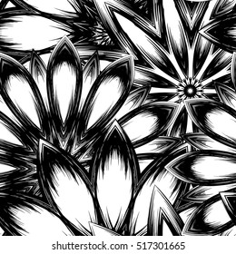 Floral background. Full seamless flower ornament for printing, textile, art design. Decorative vector backdrop. Monochrome, binary, black and white.